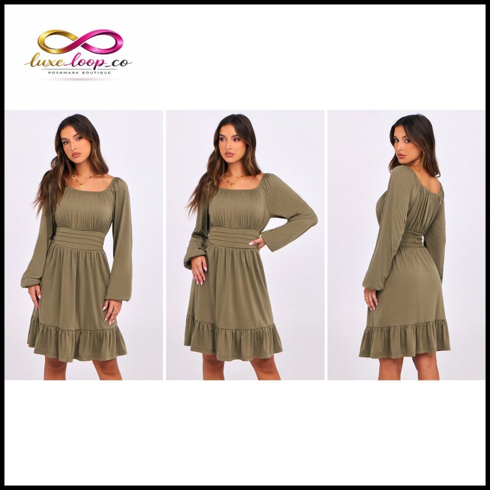 Long Sleeve Midi Dress A-Line Square Neck Elastic Waist Ruffle Hem - Picture 7 of 7